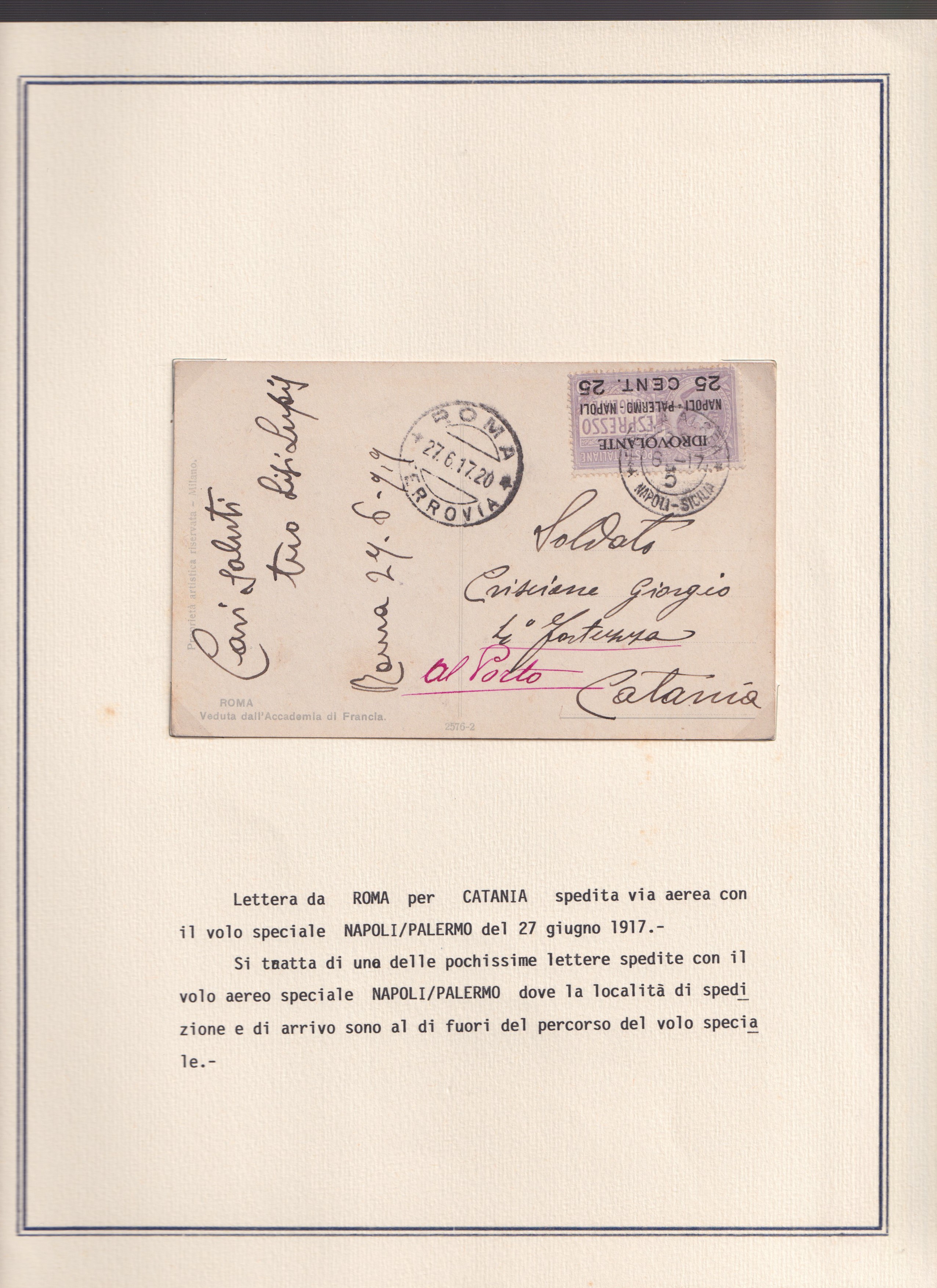 1917, Idrovolante Napoli–Palermo, collezione di documenti e valore soprastampato (14 pezzi)