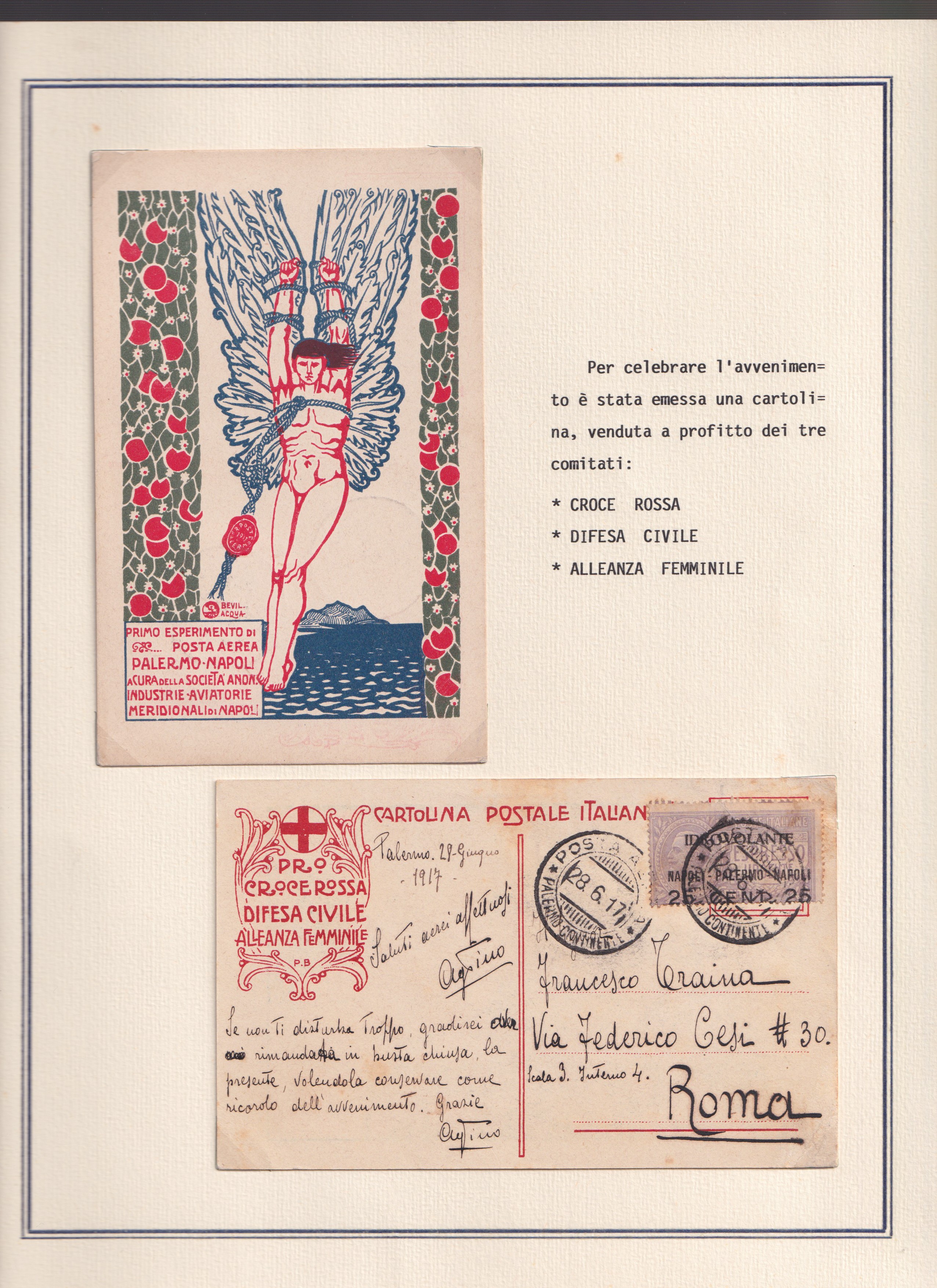 1917, Idrovolante Napoli–Palermo, collezione di documenti e valore soprastampato (14 pezzi)
