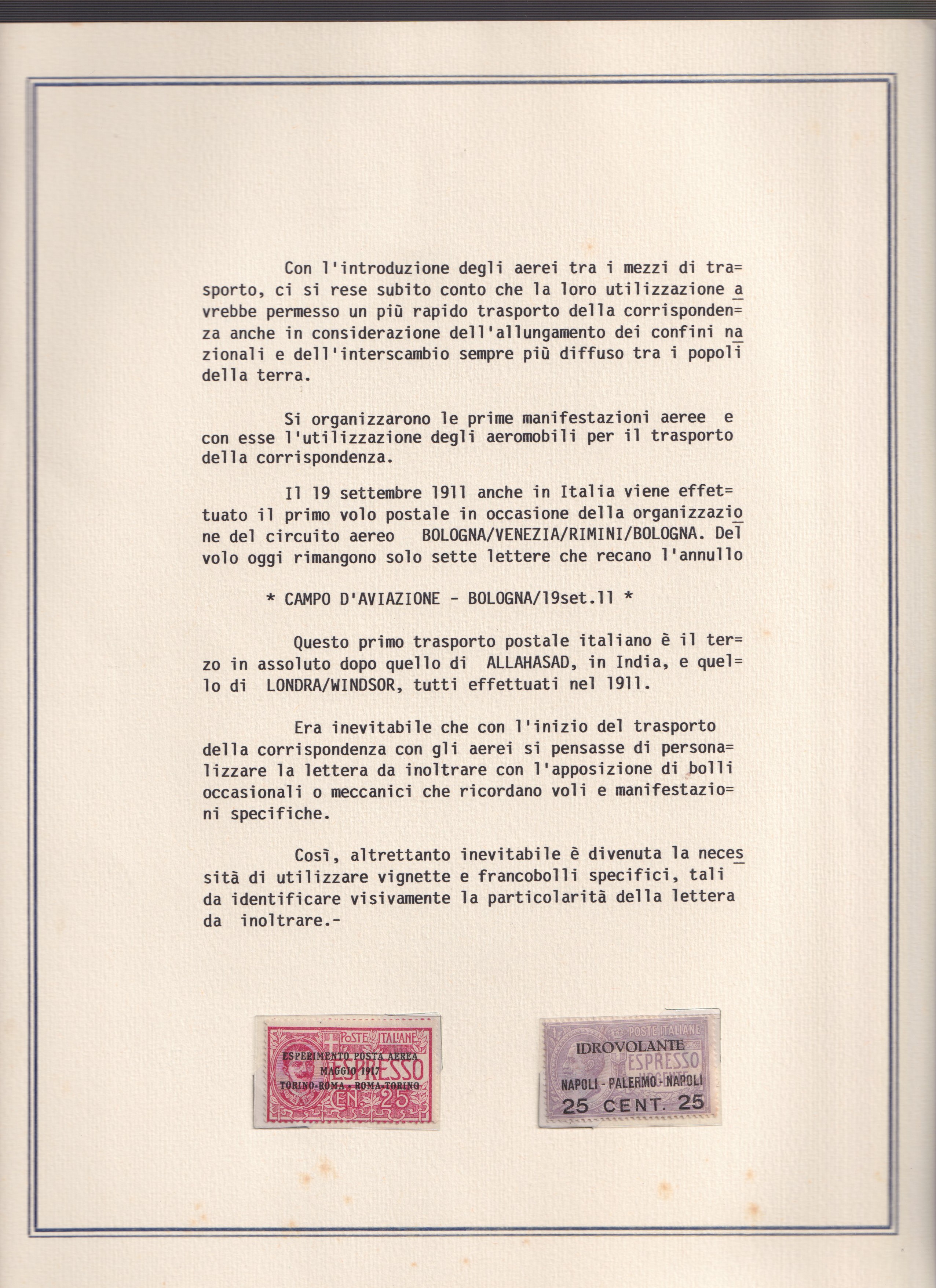 Collezione storica, Esperimento di P. Aerea Torino-Roma (1917), 22 documenti d’epoca