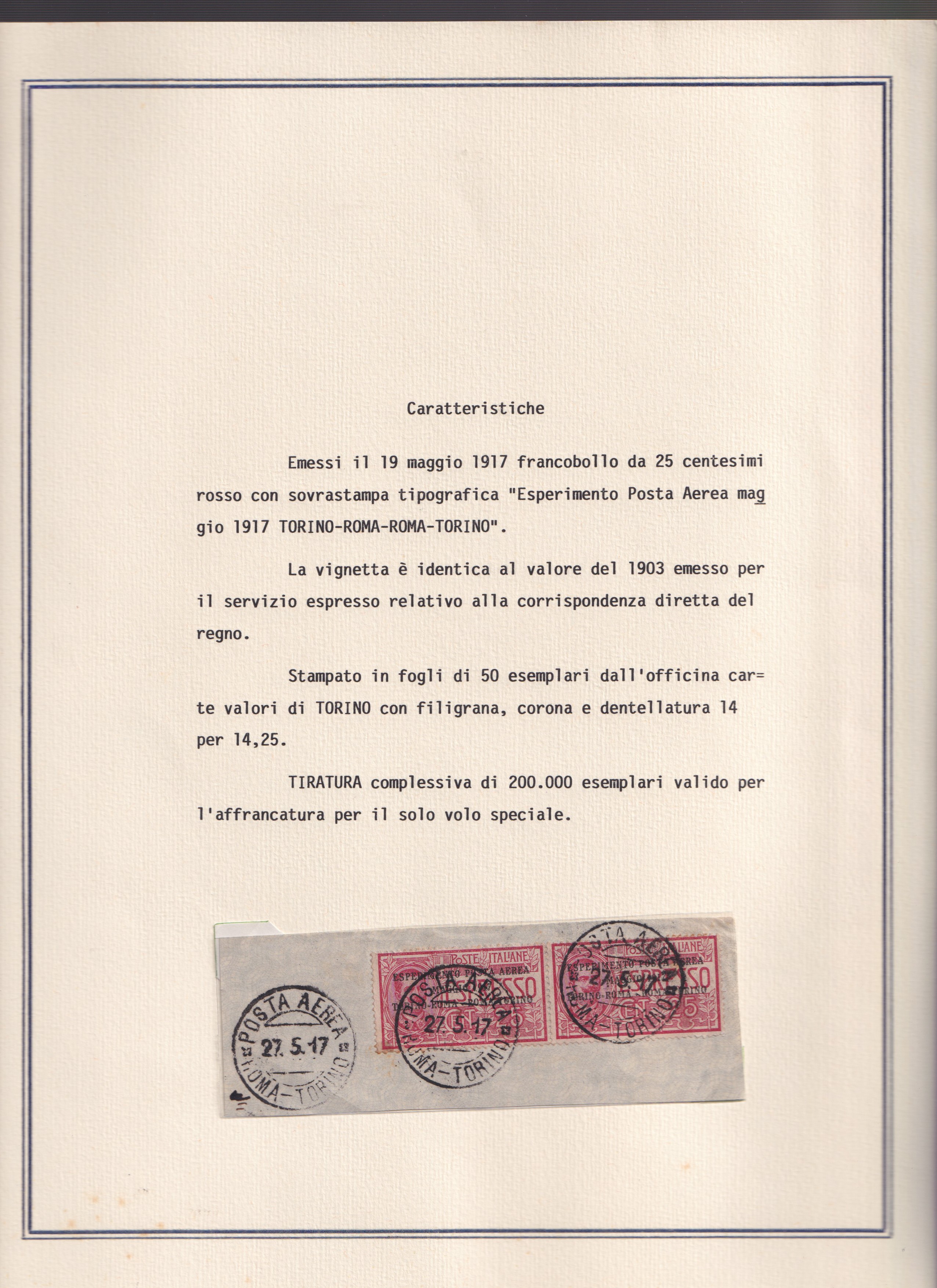 Collezione storica, Esperimento di P. Aerea Torino-Roma (1917), 22 documenti d’epoca