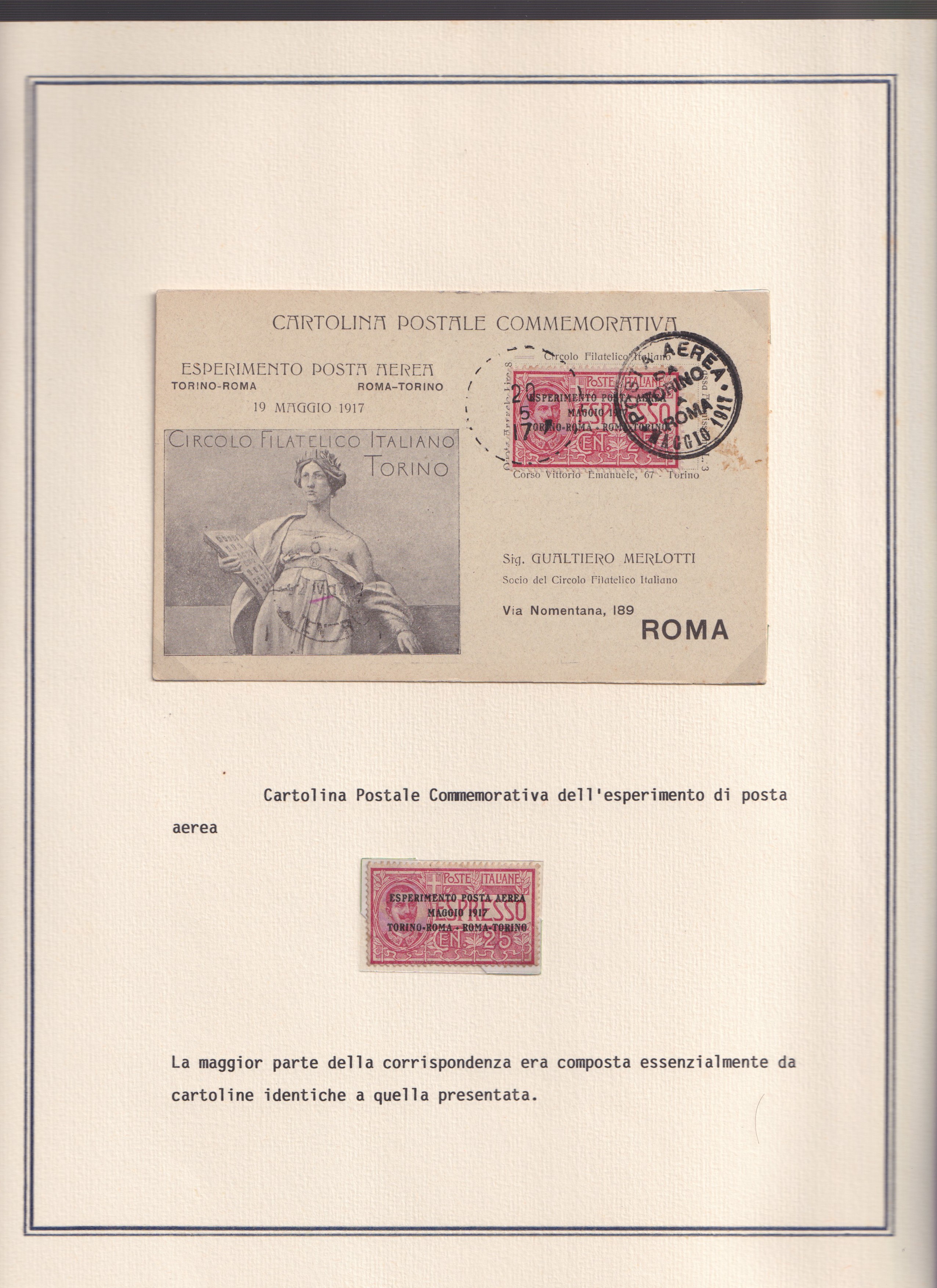 Collezione storica, Esperimento di P. Aerea Torino-Roma (1917), 22 documenti d’epoca