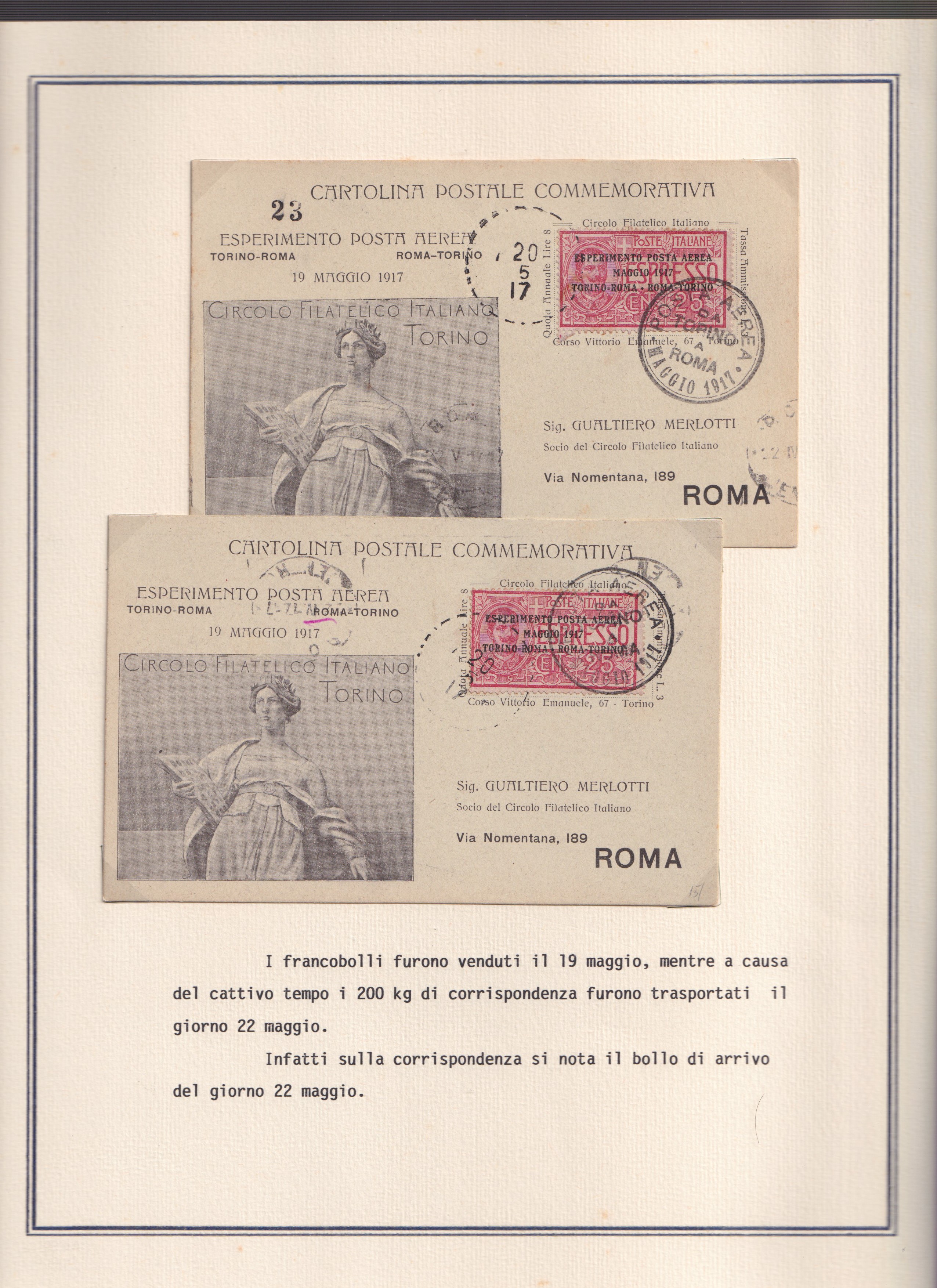 Collezione storica, Esperimento di P. Aerea Torino-Roma (1917), 22 documenti d’epoca