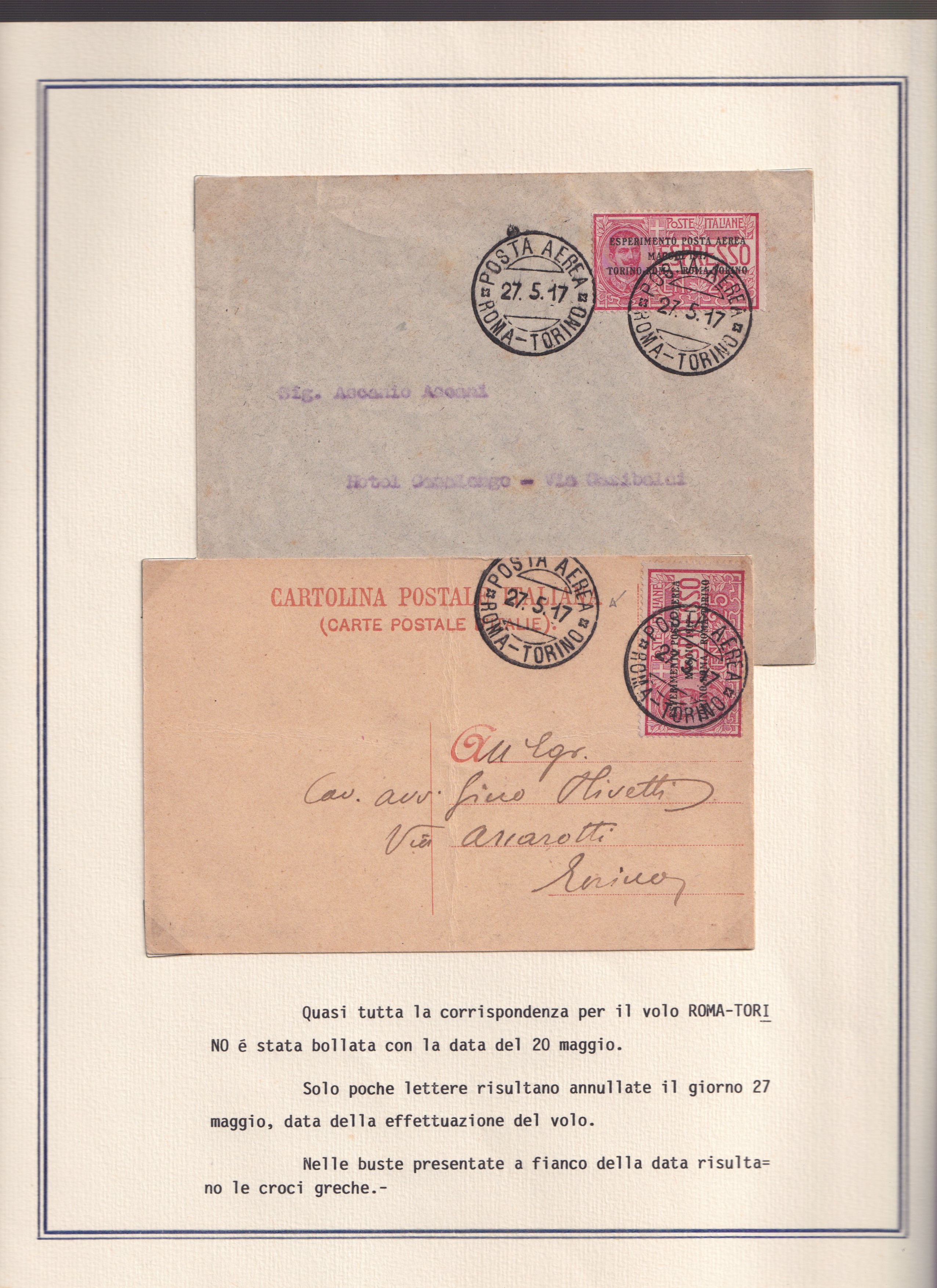 Collezione storica, Esperimento di P. Aerea Torino-Roma (1917), 22 documenti d’epoca