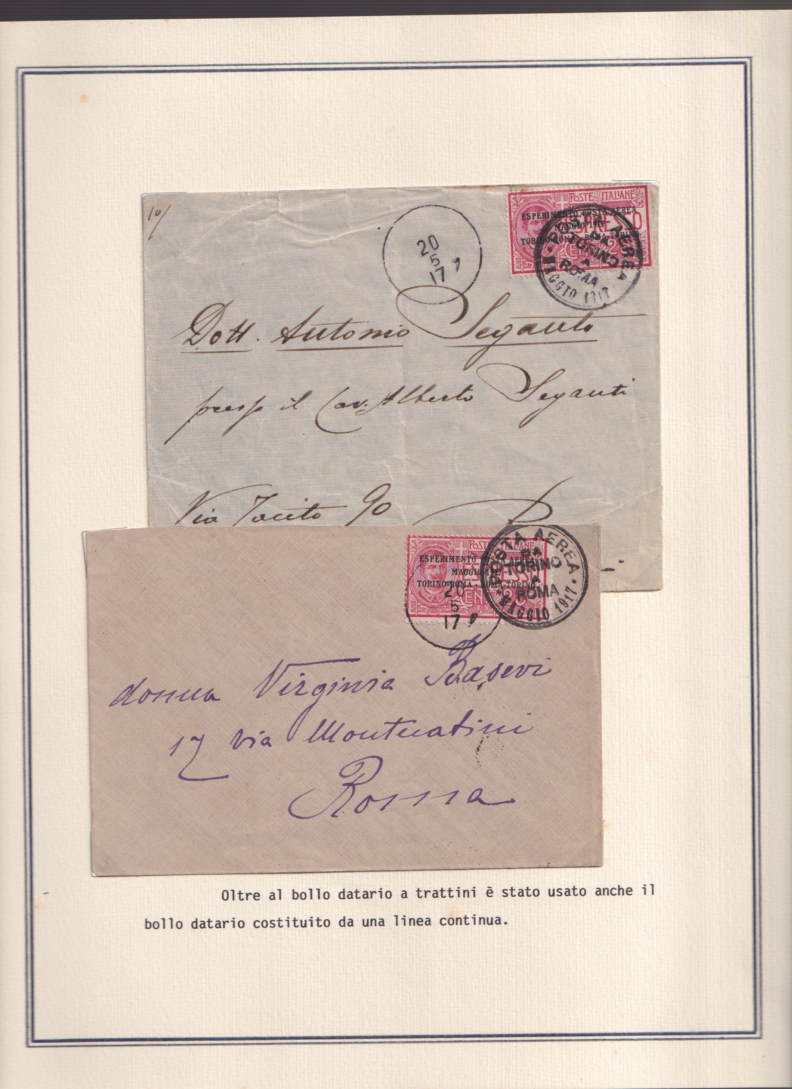 Collezione storica, Esperimento di P. Aerea Torino-Roma (1917), 22 documenti d’epoca