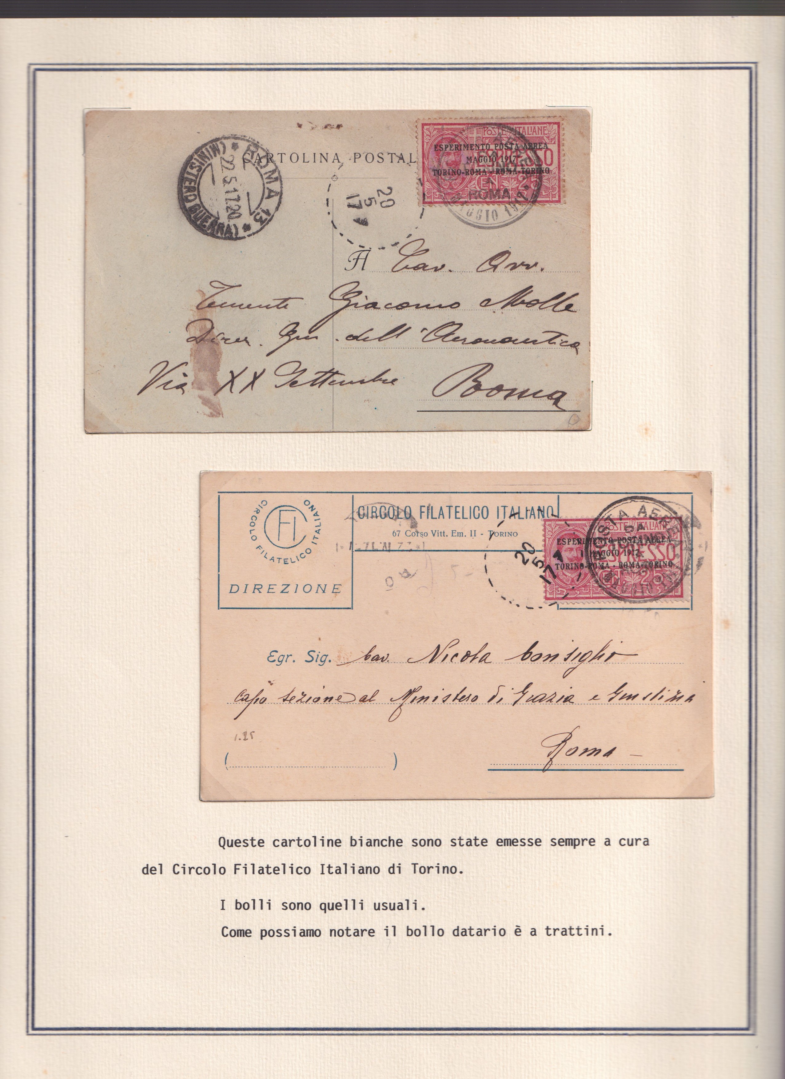 Collezione storica, Esperimento di P. Aerea Torino-Roma (1917), 22 documenti d’epoca