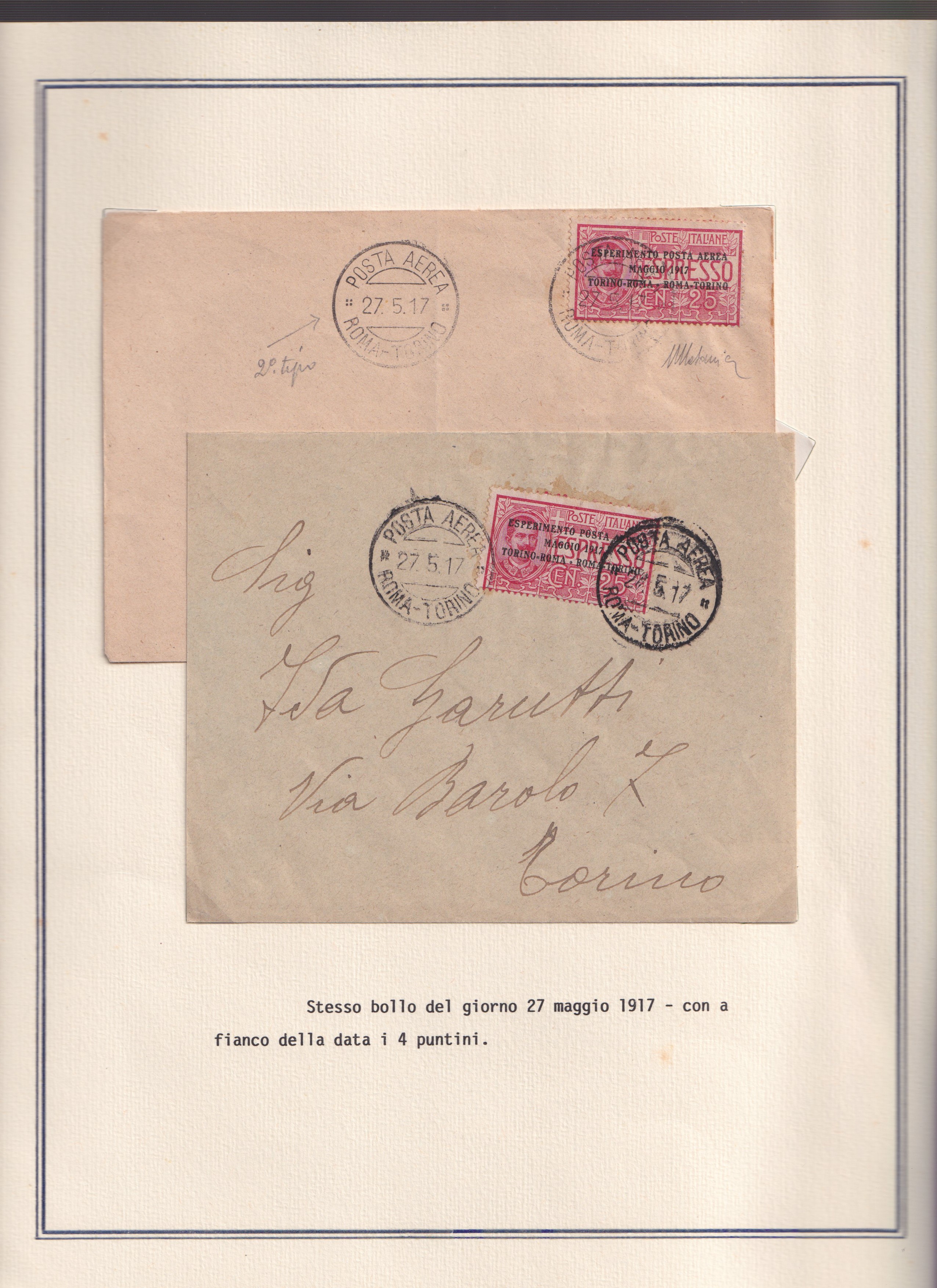 Collezione storica, Esperimento di P. Aerea Torino-Roma (1917), 22 documenti d’epoca