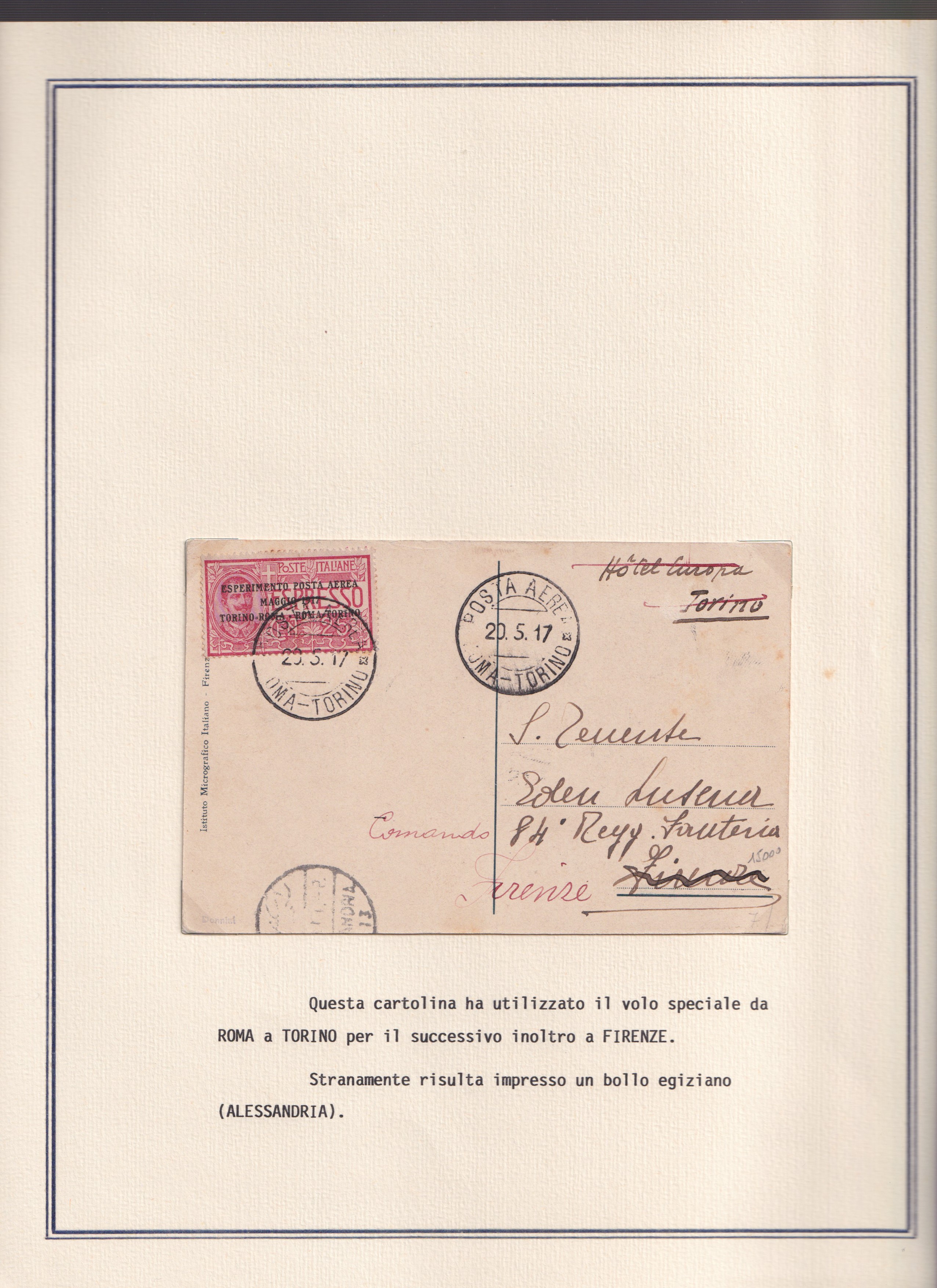 Collezione storica, Esperimento di P. Aerea Torino-Roma (1917), 22 documenti d’epoca