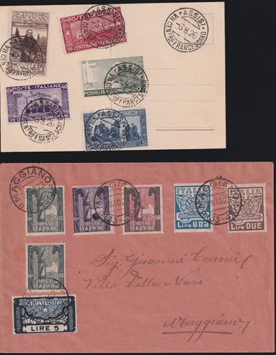Regno d’Italia, Storia postale: insieme di 7 lettere e cartoline con serie complete (1923)