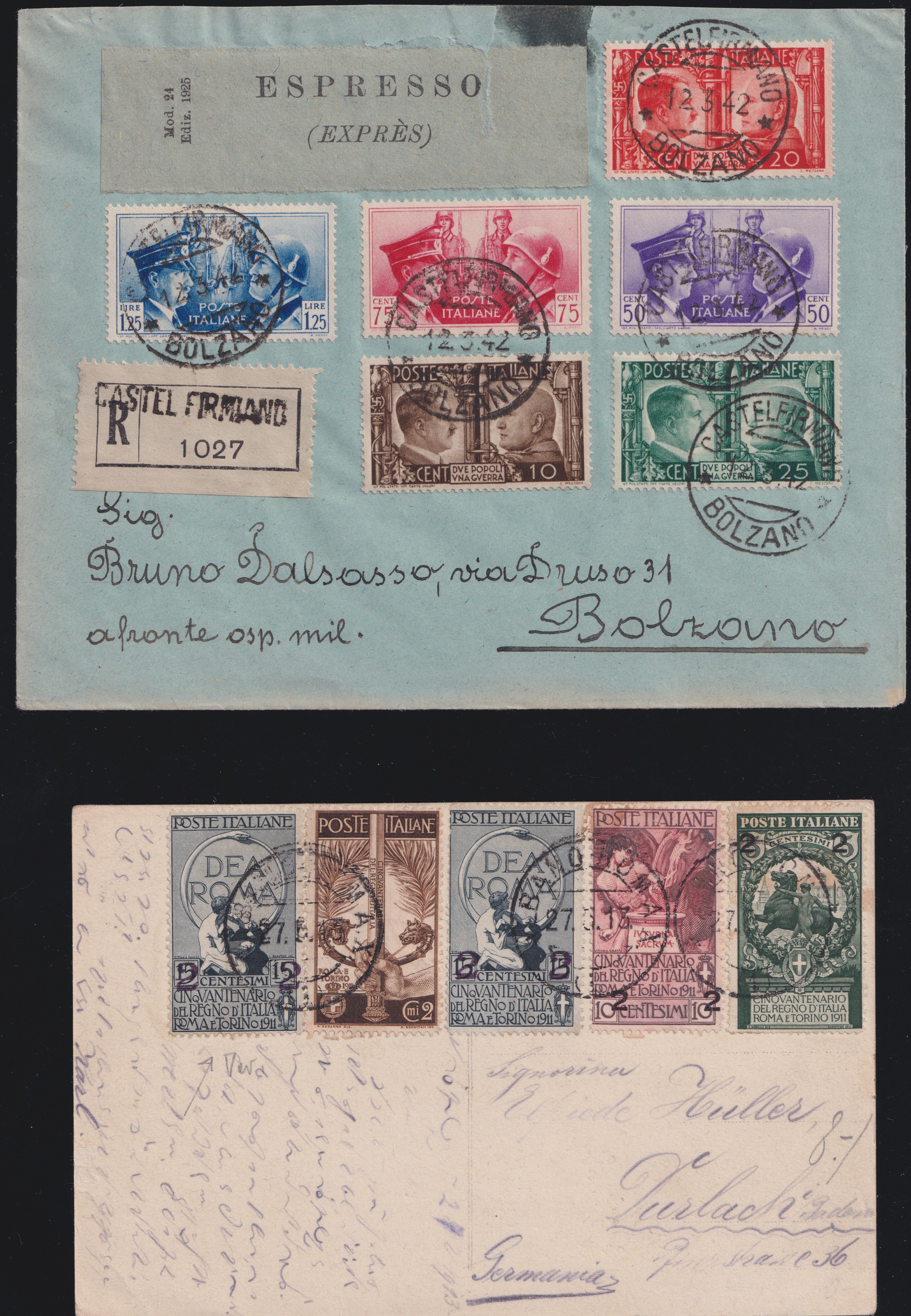 Regno d’Italia, Storia postale: insieme di 7 lettere e cartoline con serie complete (1923)