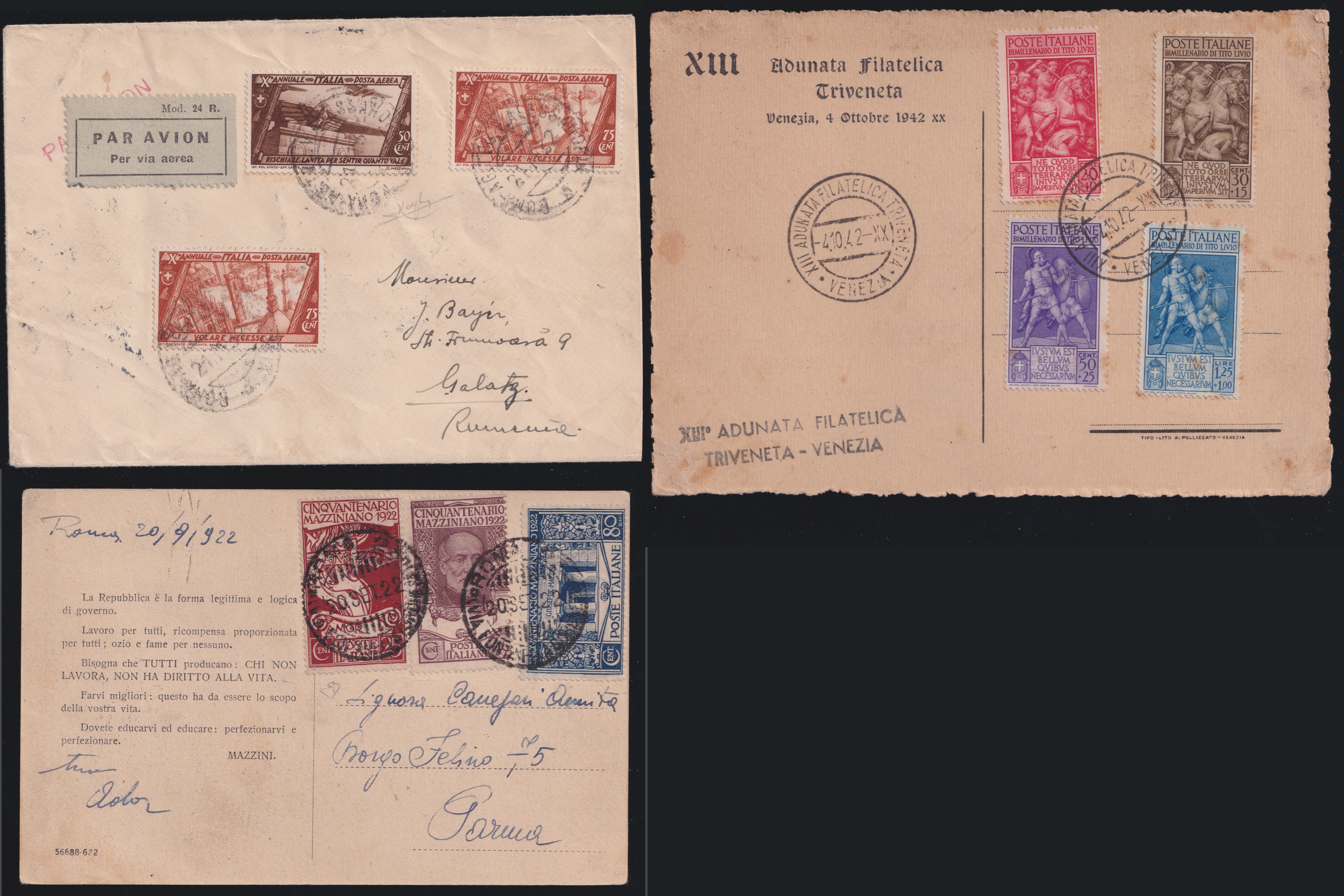 Regno d’Italia, Storia postale: insieme di 7 lettere e cartoline con serie complete (1923)