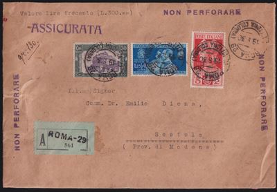 Ferrucci, Lettera assicurata affrancata (1930) da Roma per Sestola con più francobolli