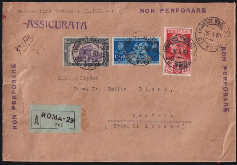 Ferrucci, Lettera assicurata affrancata (1930) da Roma per Sestola con più francobolli