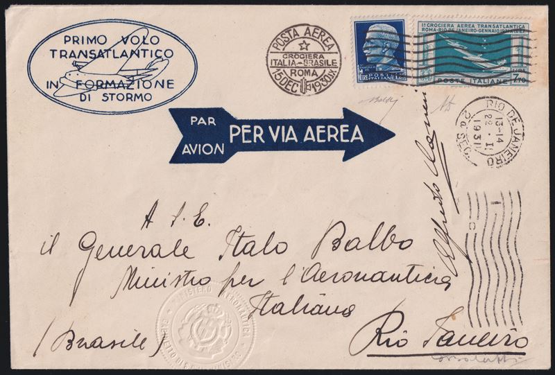 Regno, Storia postale: primo volo transatlantico del 1931, lettera affrancata 7,70 Lire (P.A. n. ...