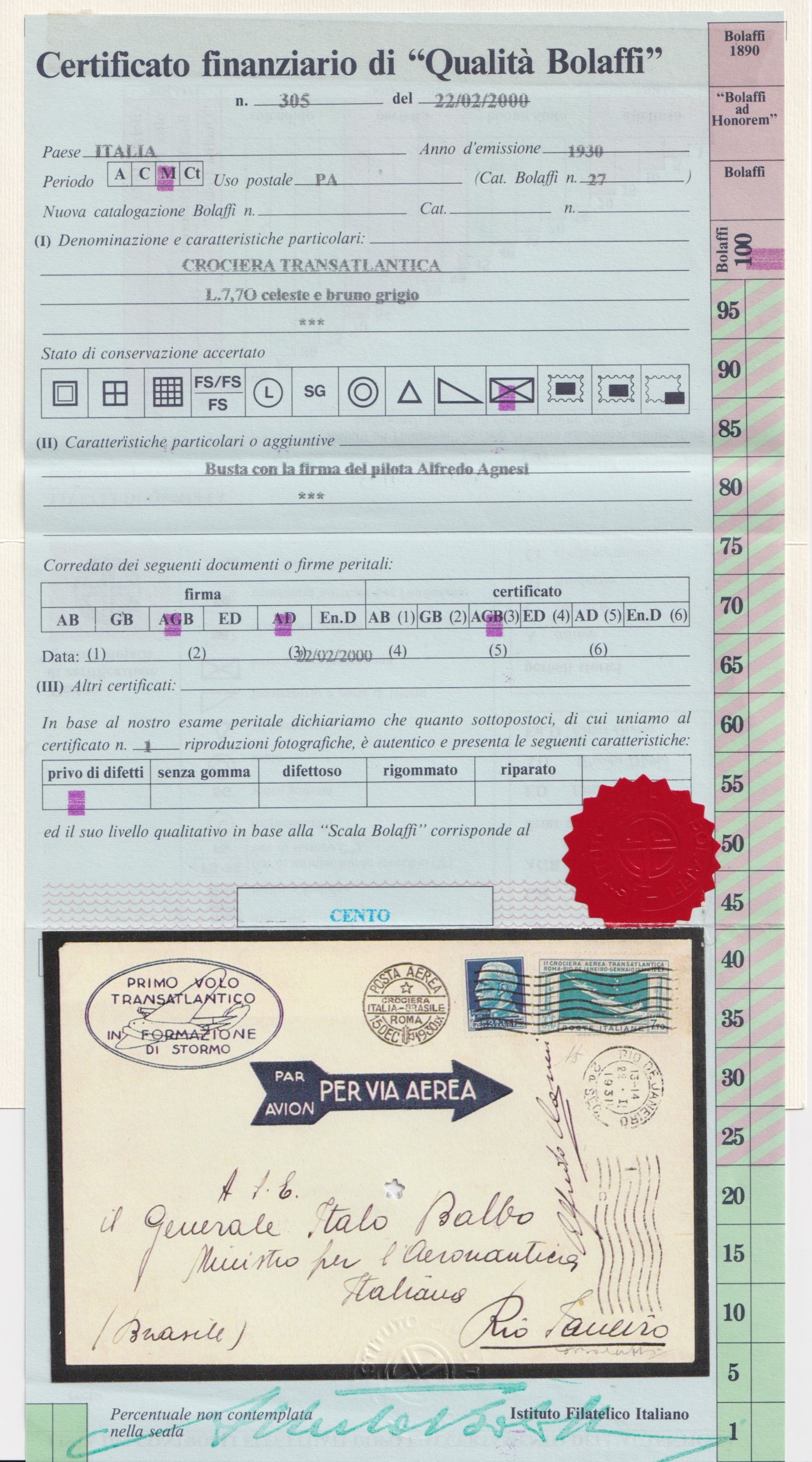 Regno, Storia postale: primo volo transatlantico del 1931, lettera affrancata 7,70 Lire (P.A. n. ...
