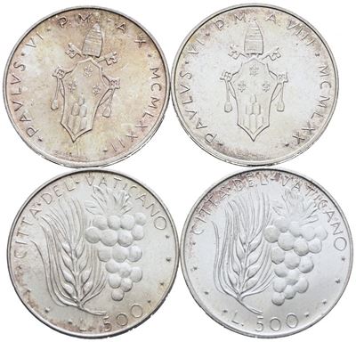 Vaticano. Paolo Vi (1963-1978). 500 Lire. Lotto di 4 Esemplari. Date e Conservazioni Varie. Ag