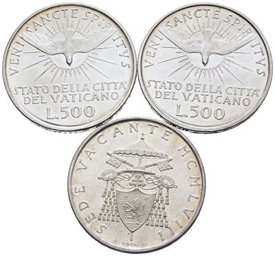 Vaticano. Sede Vacante (1958). 500 Lire 1958. Lotto di 3 Esemplari. Gig. 261; Ag; 11gr. Fdc