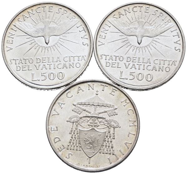 VATICANO. Sede Vacante (1958). 500 lire 1958. Lotto di 3 esemplari. Gig. 261; Ag; 11gr. FDC