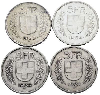 Svizzera. 5 Franchi 1931-1932-1933-1954. Conservazioni Varie. Lotto di 4 Esemplari. Ag
