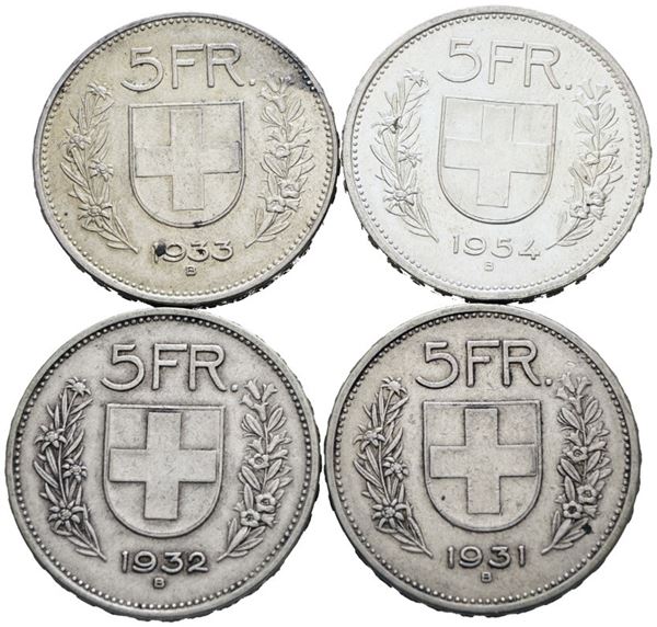 SVIZZERA. 5 franchi 1931-1932-1933-1954. Conservazioni varie. Lotto di 4 esemplari. Ag