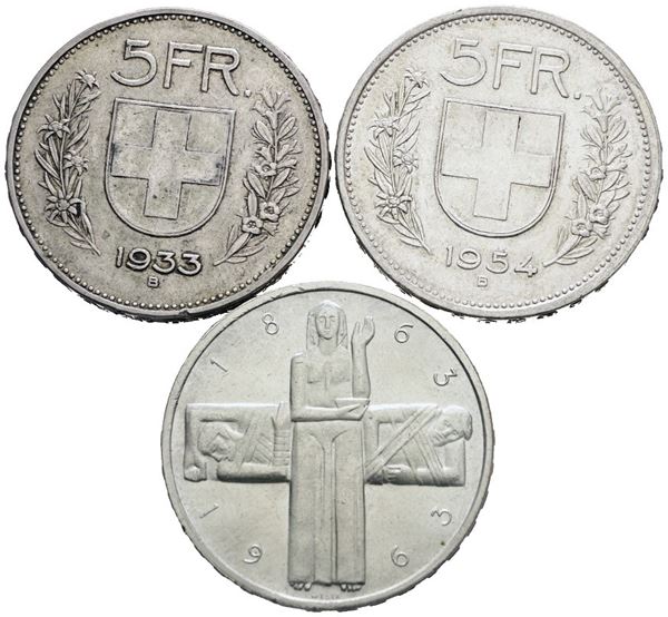 SVIZZERA. 5 franchi 1933-1954-1963. Conservazioni varie. Lotto di 3 esemplari. Ag