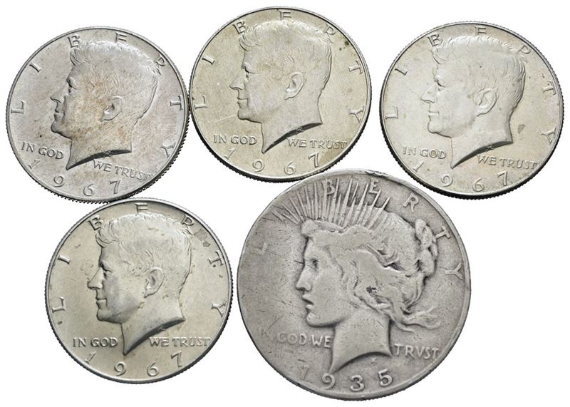 Usa. Dollaro 1935 - 1/2 Dollaro 1967 (4 Esemplari). Lotto di 5 Monete. Ag