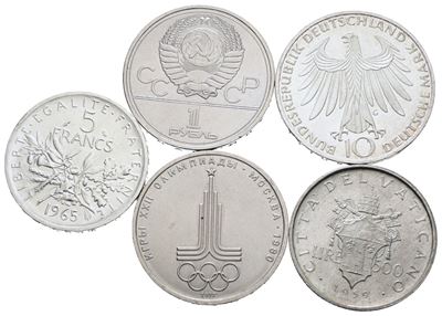 Estere. Lotto di 5 Monete Miste in Argento, 5 Franchi 1965 Francia, 10 Marchi 1972 Germania, 500 ...