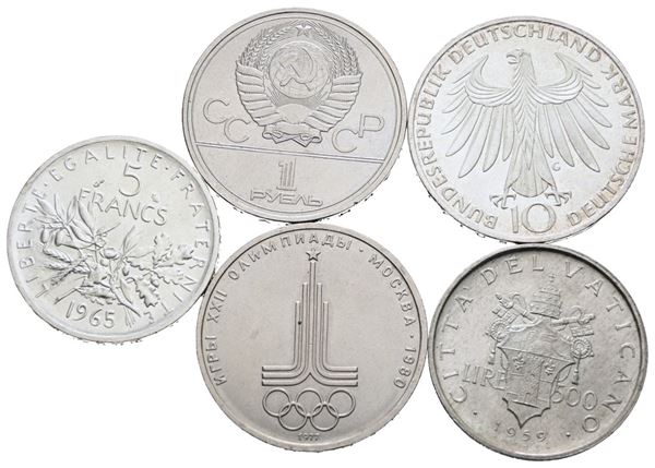ESTERE. Lotto di 5 monete miste in argento, 5 franchi 1965 FRANCIA, 10 marchi 1972 GERMANIA, 500 lire 1959 VATICANO, rublo 1980 URSS. Conservazioni, anni e metalli vari