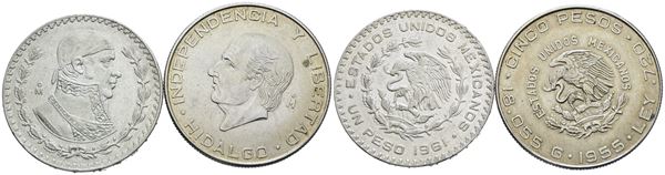 MESSICO. Lotto di 2 monete da 5 pesos 1955; 1 peso 1961. Ag