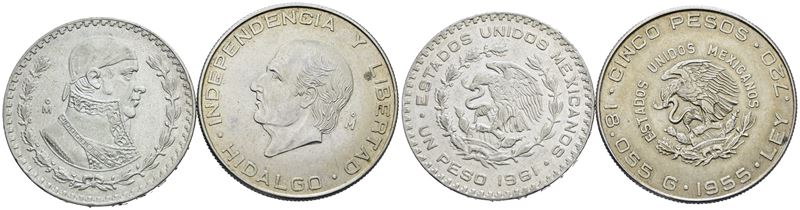 Messico. Lotto di 2 Monete da 5 Pesos 1955; 1 Peso 1961. Ag