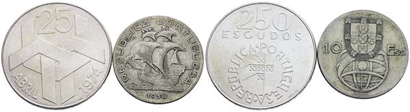 PORTOGALLO. Lotto di 2 monete da 250 escudos 1974, 10 escudos 1954. Ag