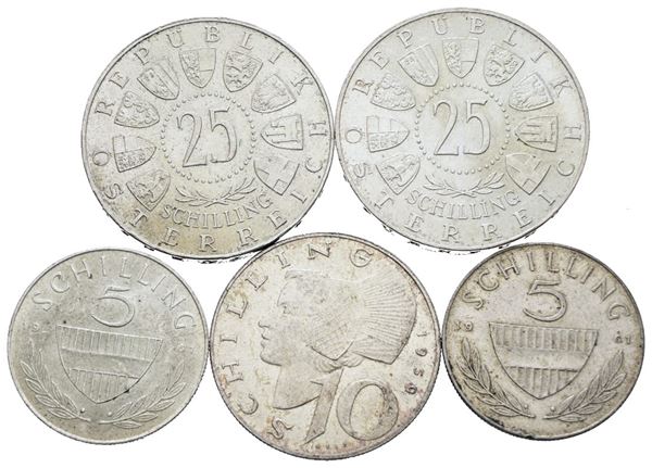 AUSTRIA. Lotto di 5 monete da 5, 10, 50 scellini. Ag