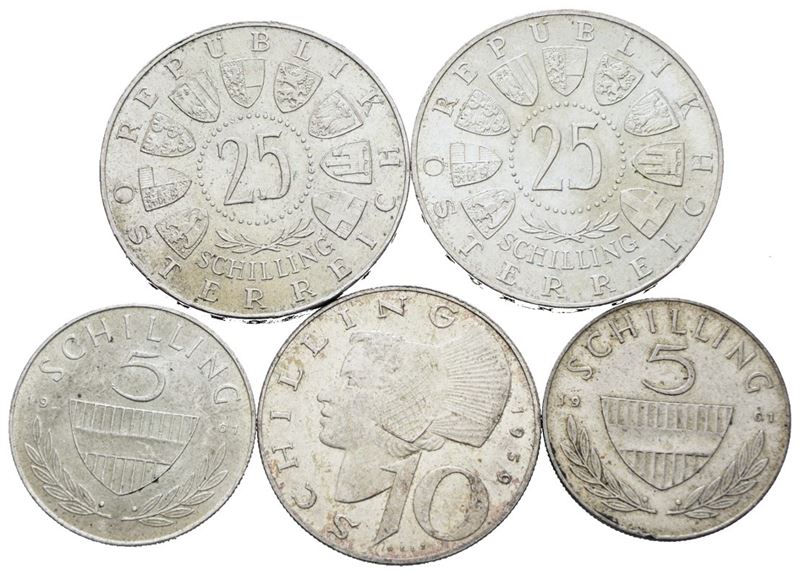 Austria. Lotto di 5 Monete da 5, 10, 50 Scellini. Ag