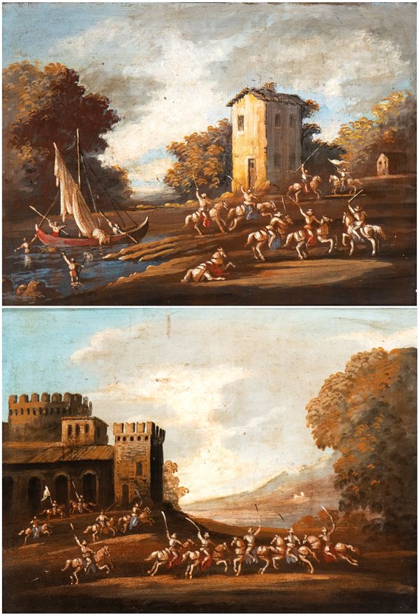 a) Paesaggio con battaglia di cavalieri presso un approdo; b) Peasaggio con battaglia di cavalieri sotto le mura di un castello. Coppia di dipinti