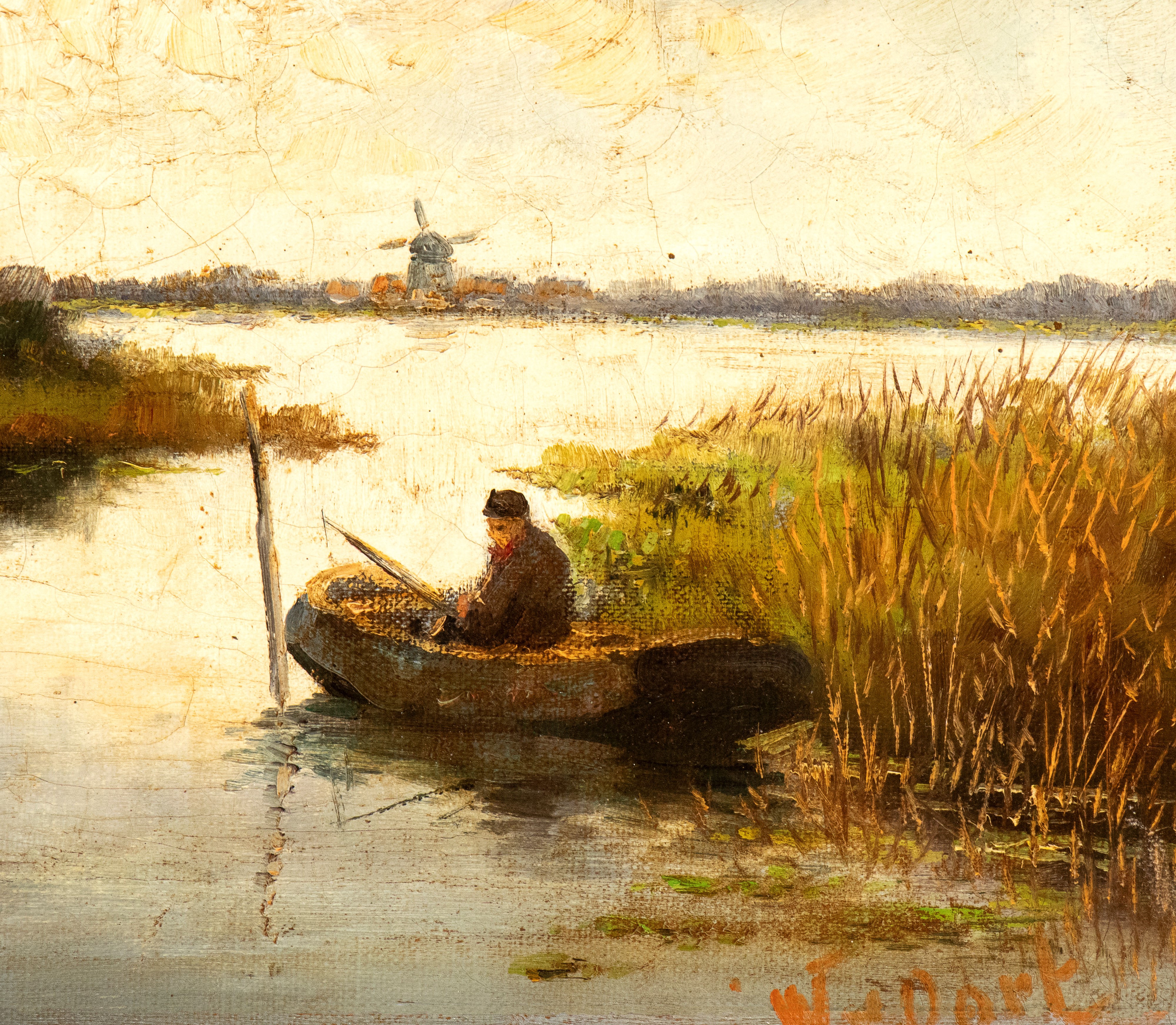 Artista Olandese, XIX Secolo - Paesaggio olandese con pescatore in barca, olio su tela
