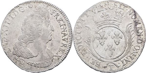 FRANCIA. Nantes. Luigi XIV (1643-1715). Écu aux palmes 1694 T; Ag (27,19 g)