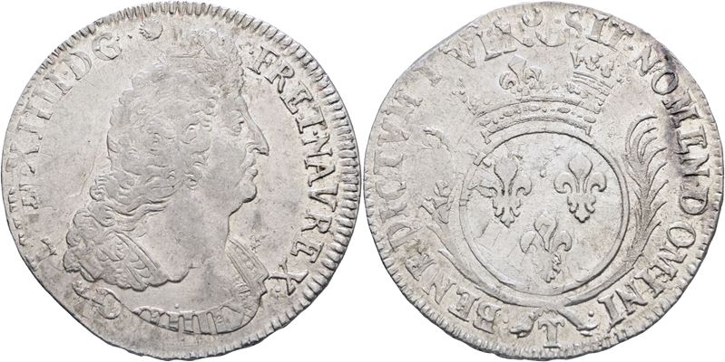 Francia, Nantes, Luigi XIV, Écu aux palmes, 1694 T (Argento, 27,19 g)