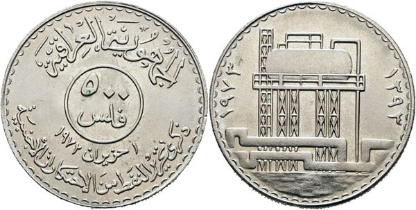 IRAQ. 500 fils 1973 (1393). Emissione commemorativa per il I anniversario della nazionalizzazione del petrolio; Ni (22,9 g)