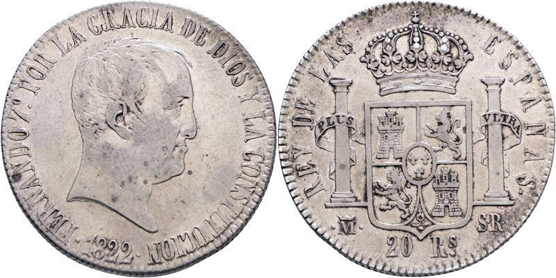 Ferdinando VII di Borbone, 20 reales 1822 “Cabezón”, Madrid