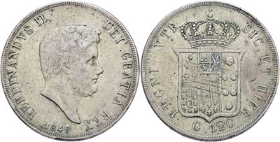 Ferdinando II di Borbone, Piastra 1849 (Regno delle Due Sicilie) in argento