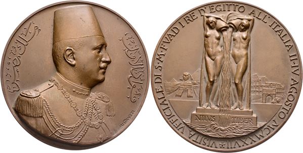 EGITTO. Fuad I. Medaglia per la visita ufficiale di Fuad I a Roma agosto 1927. Opus: Aurelio Mistruzzi; Æ (184 g; 73 mm)