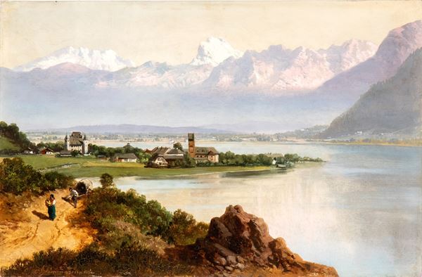 Scena lacustre con paesaggio montuoso