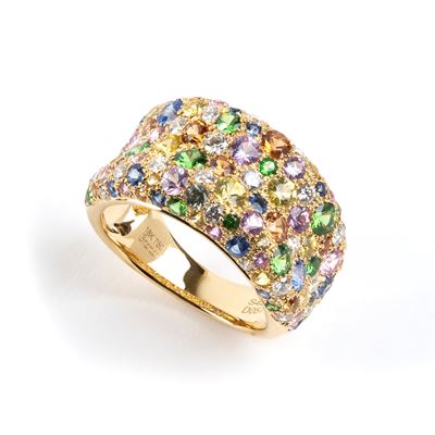 Branar, Anello a fascia in oro giallo 18k con pavé di pietre colorate e diamanti