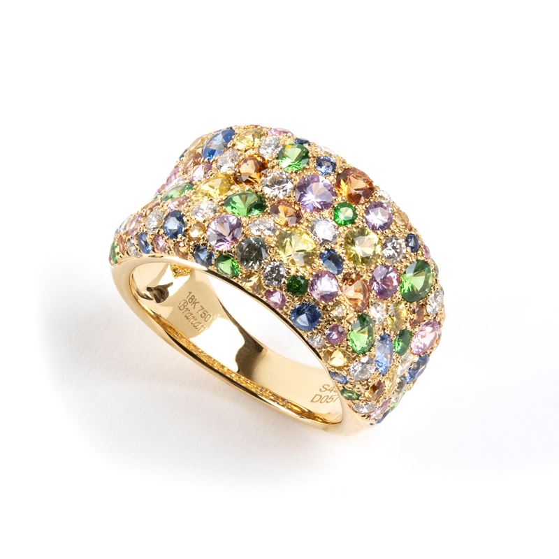 Branar Paris - Branar, Anello a fascia in oro giallo 18k con pavé di pietre colorate e diamanti