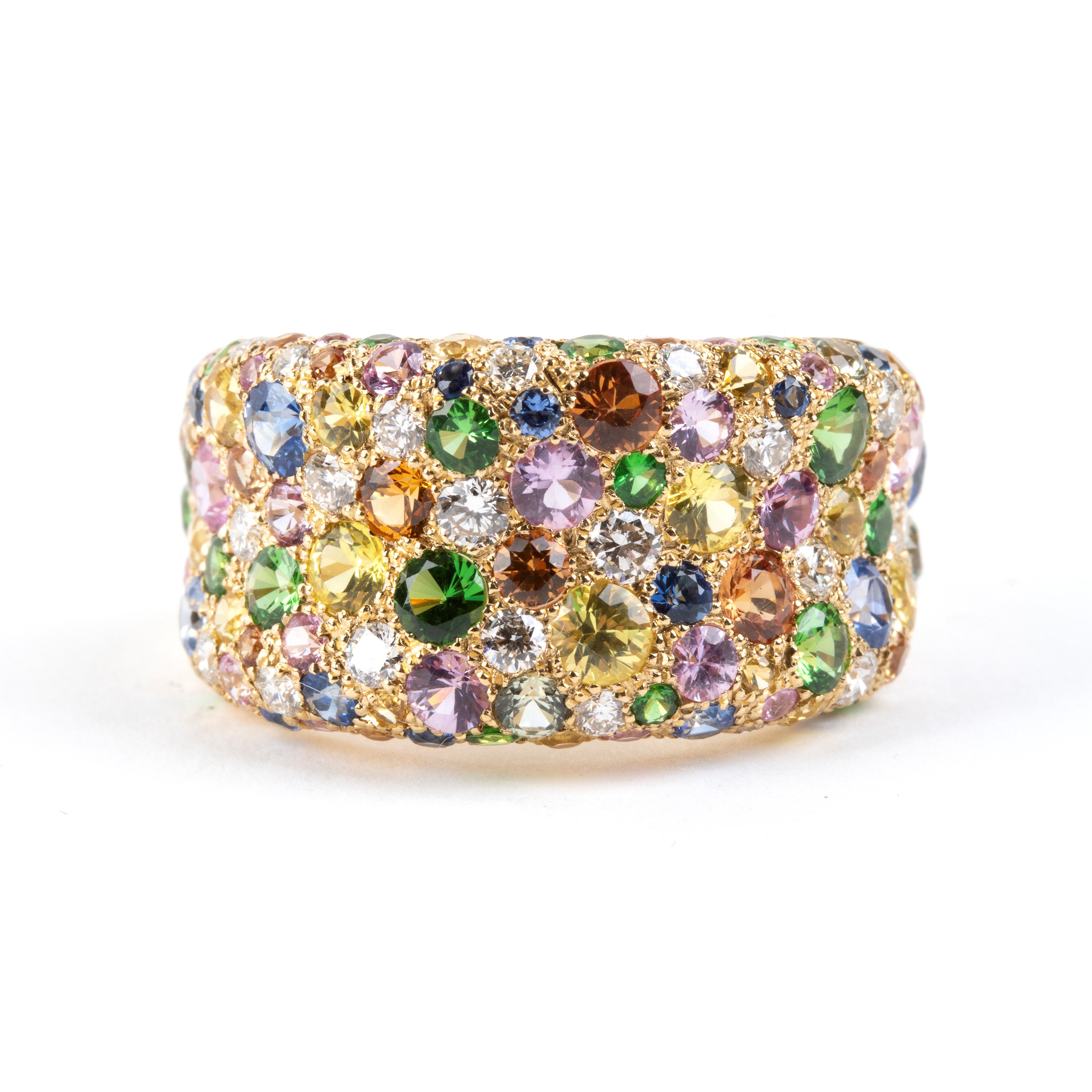 Branar Paris - Branar, Anello a fascia in oro giallo 18k con pavé di pietre colorate e diamanti