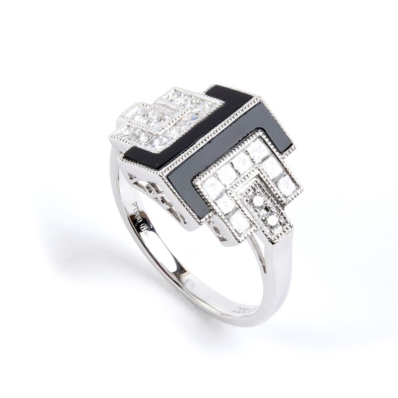 Branar Paris - Branar, Anello in stile Déco in platino con onice e diamanti