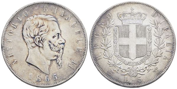 REGNO D'ITALIA. TORINO. Vittorio Emanuele II (1861-1878). 5 lire  1865. Ag. 25gr. Gig.37. rara. BB+
