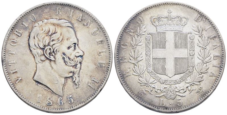 Regno D'italia. Torino. Vittorio Emanuele II (1861-1878). 5 Lire 1865. Ag. 25gr. Gig.37. Rara. Bb...