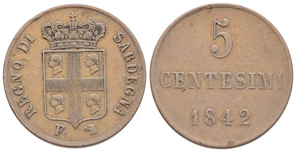 REGNO DI SARDEGNA. TORINO. Carlo Alberto (1831-1849). 5 centesimi 1842. Monetazione per la sardegna. Cu. Gig.158; 5gr. Raro. BB