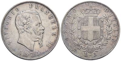Regno D'italia. Roma. Vittorio Emanuele II (1861-1878). 5 Lire 1870. Gig. 41; Ag; 25gr. Raro. Bb+...