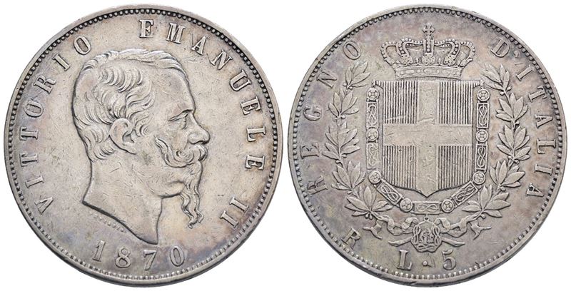 Regno D'italia. Roma. Vittorio Emanuele II (1861-1878). 5 Lire 1870. Gig. 41; Ag; 25gr. Raro. Bb+...